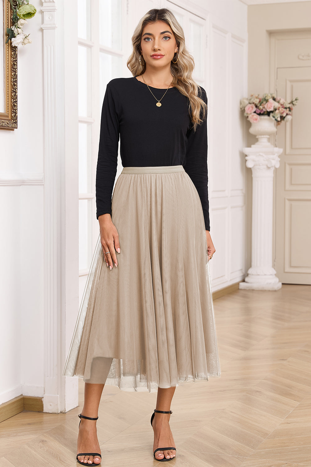 Jupe midi en tulle — Superposition de maille évasée & taille haute