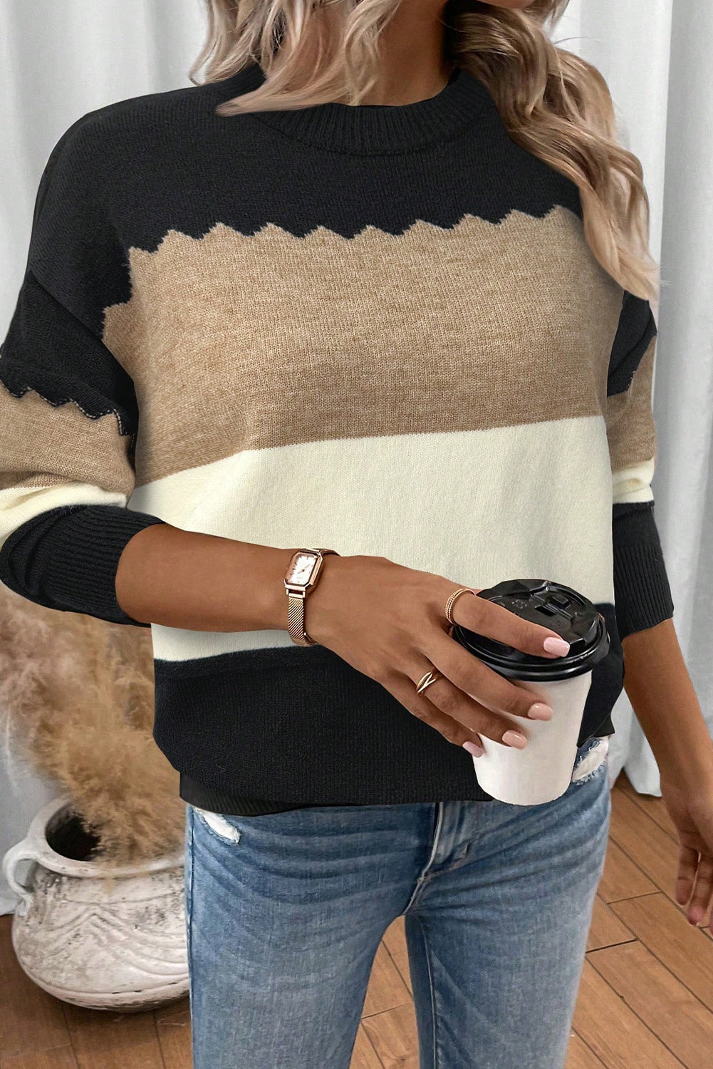 Pull Colorblock Col Rond — Épaules Tombantes
