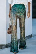 Pantalon Évasé à Sequins Dégradé Vert, Noir & Or