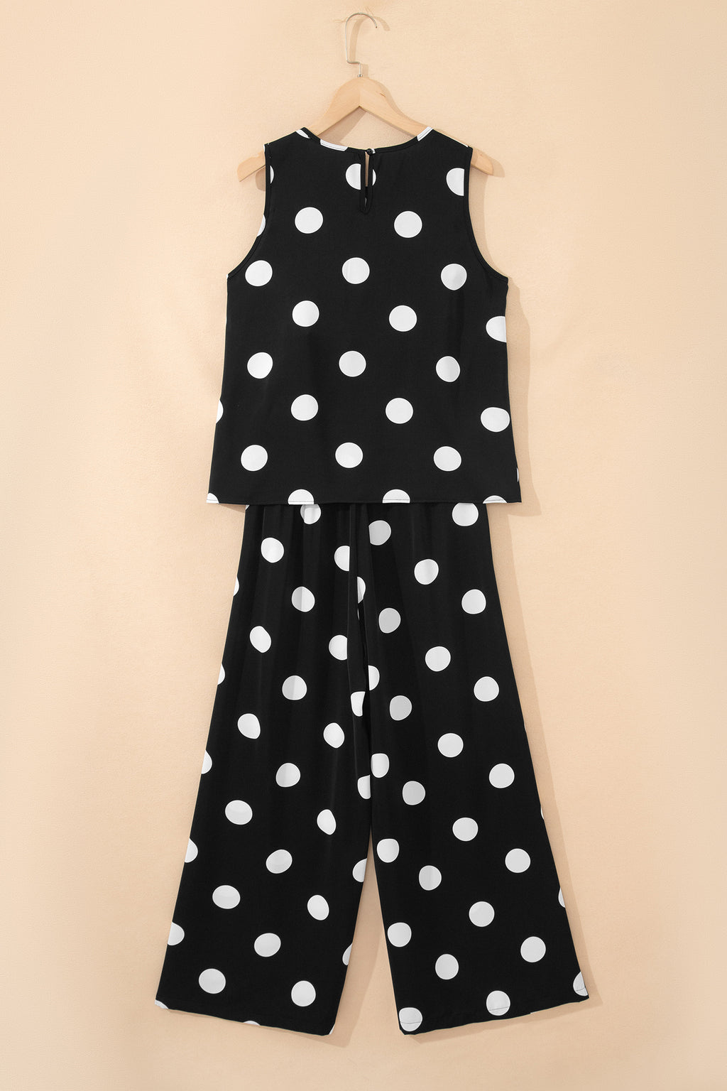 Ensemble deux pièces à pois noirs — débardeur plissé col rond et pantalon jambes larges