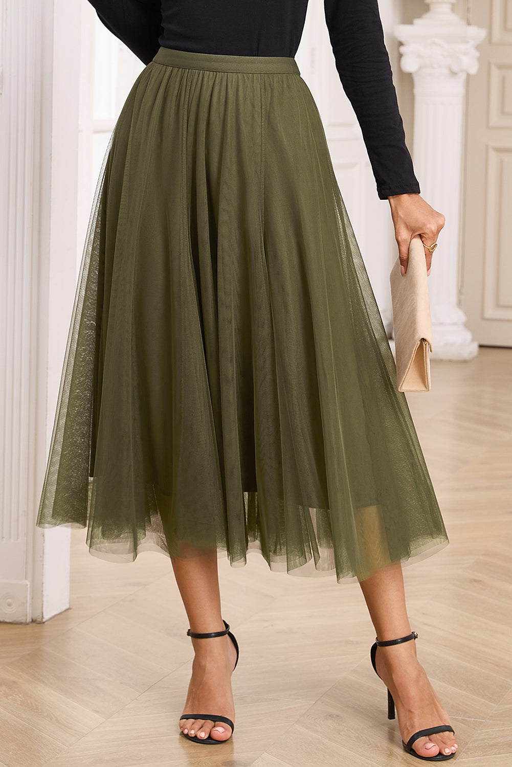 Jupe midi en tulle — Superposition de maille évasée & taille haute