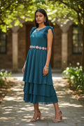 robe midi plissée Maru Atelier - 42 - turquoise - bon état - avec fleurs