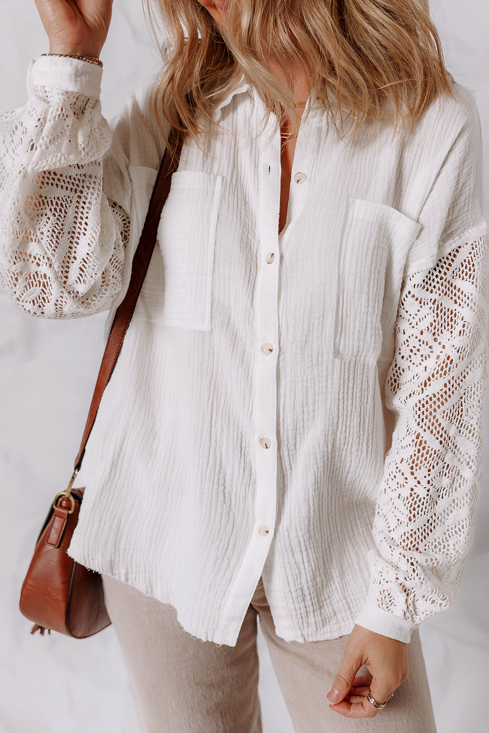 Chemise Gaze de Coton Blanc — Patchwork Dentelle et Manches Longues