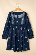 Robe Babydoll Bleue – Imprimé Floral & Manches Longues Bouffantes