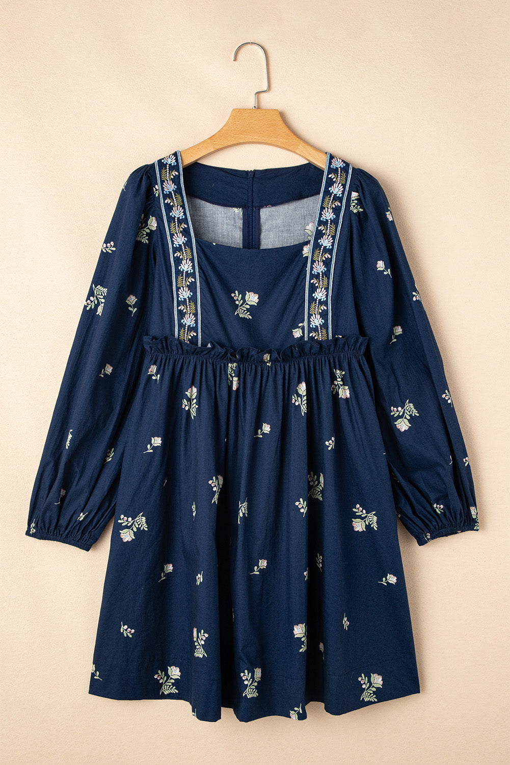 Robe Babydoll Bleue – Imprimé Floral & Manches Longues Bouffantes