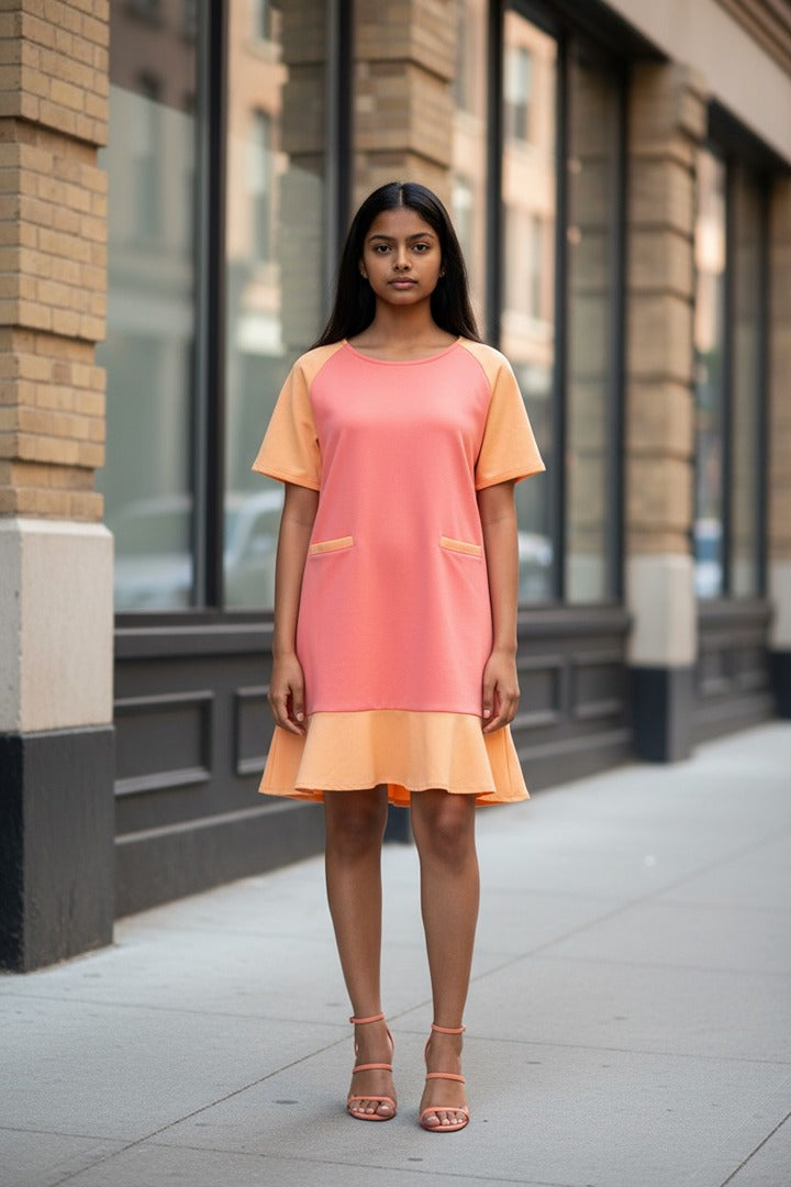 Robe courte manches courtes 🌸 Kling 🌸 L - Rose et orange - Neuf avec étiquette - style vintage