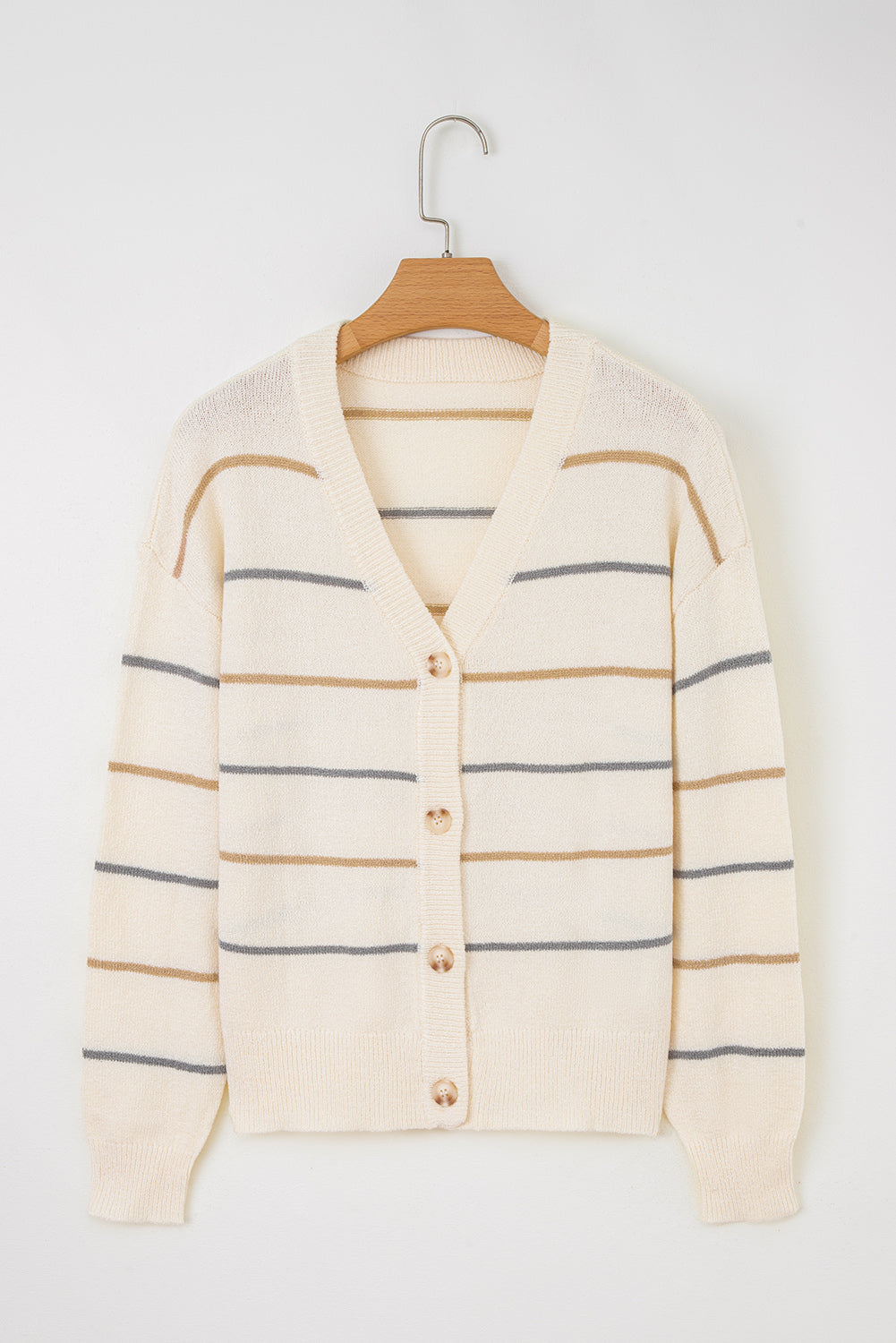 Cardigan Rayé Crème – Col en V, Boutons Dorés & Épaules Tombantes