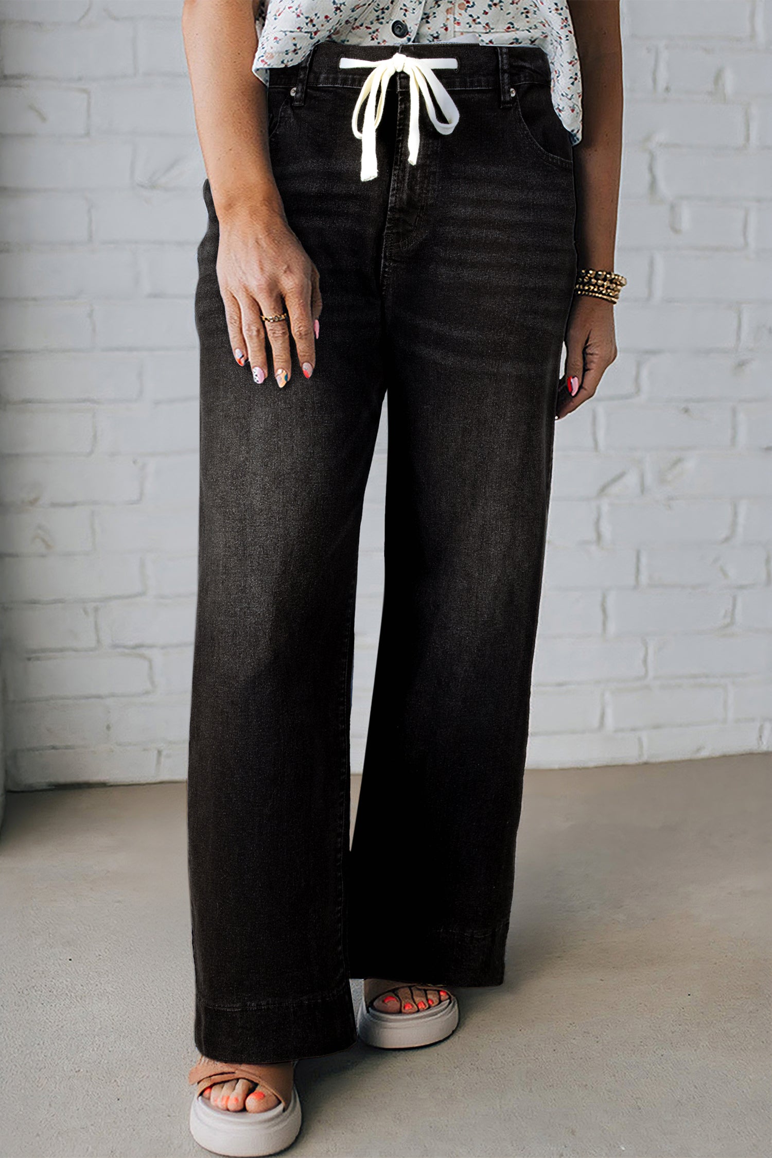 Jean Grande Taille Wide Leg à Lacets Contrastés