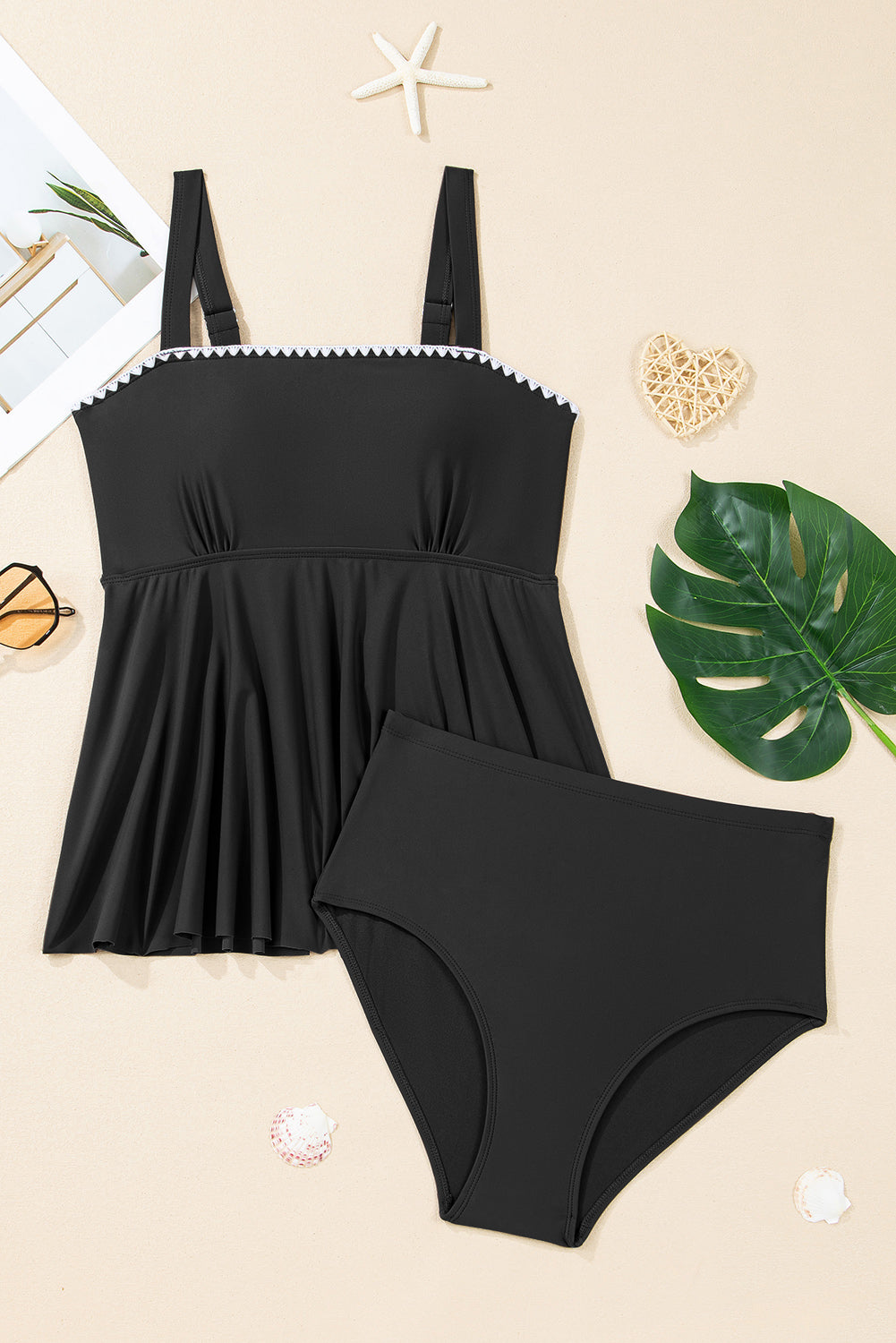 Tankini deux pièces - Bordure ric-rac & Bretelles fines - Bleu marine ou Noir