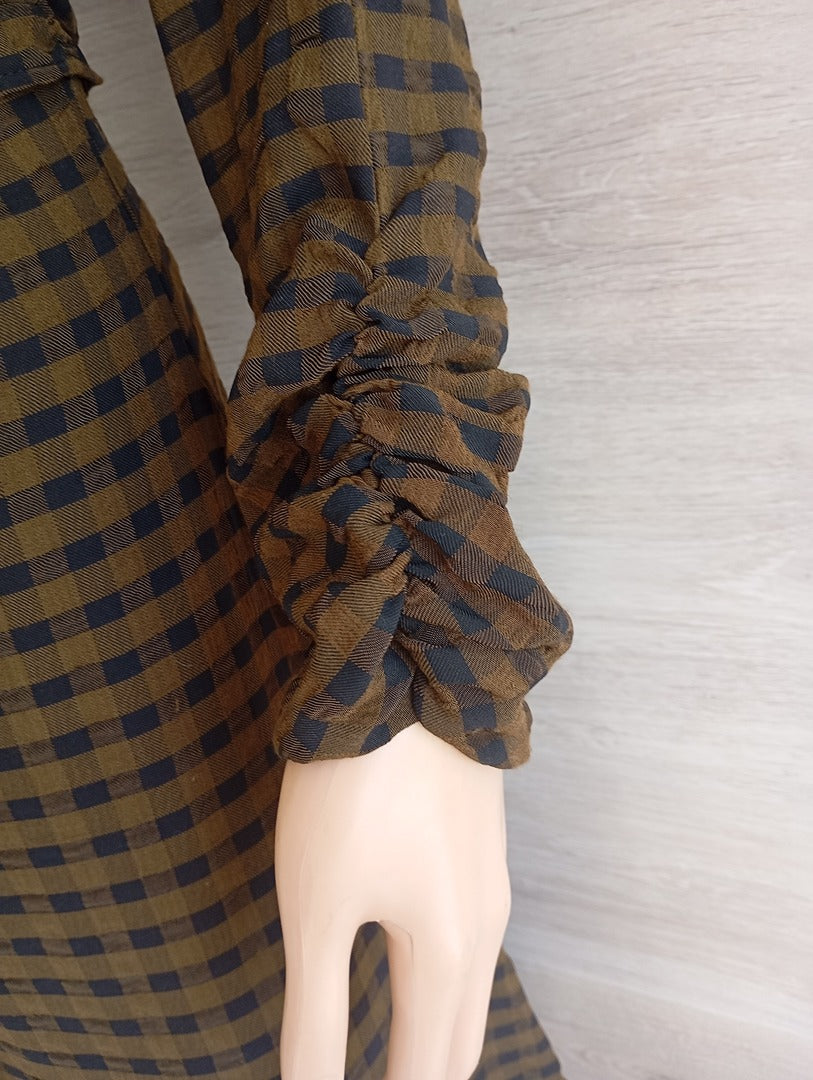 Robe longue manches longues Zara - S - kaki - Très bon état - à carreaux
