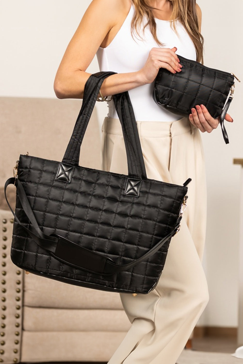 Ensemble 2 Pièces – Grand Cabas Matelassé Noir & Pochette Assortie