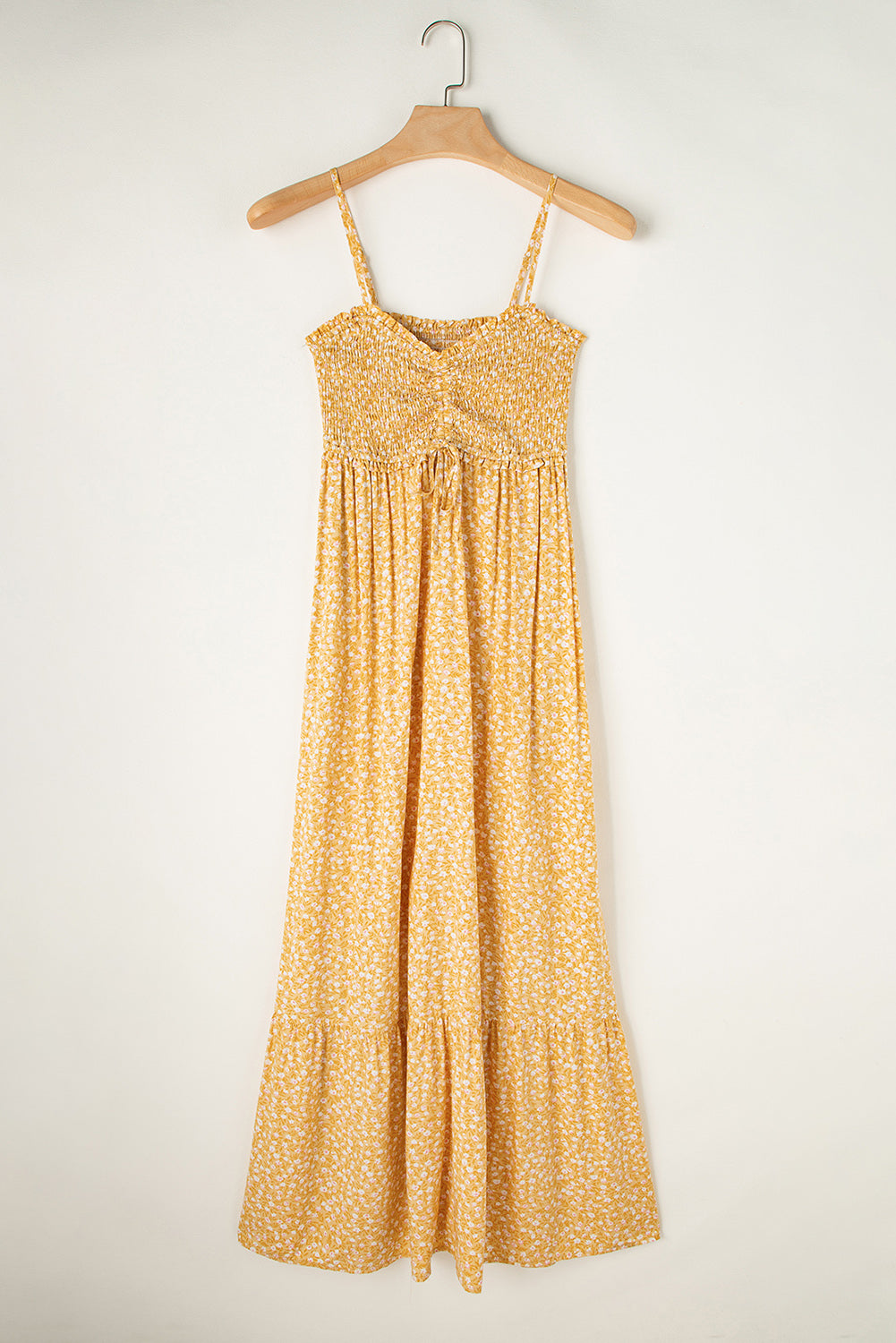 Robe longue jaune à volants & smocks — Imprimé floral bohème
