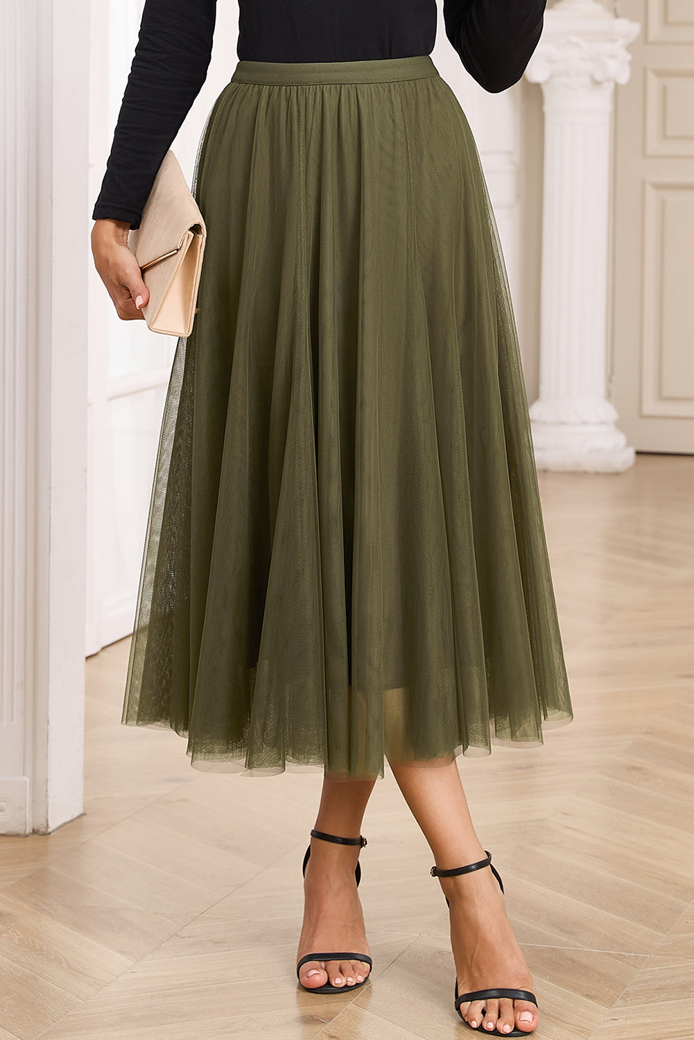 Jupe midi en tulle — Superposition de maille évasée & taille haute