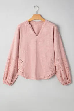 Blouse Rose Poudré — Col en V et Manches Batwing Broderie Œillets