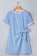 Robe T-shirt Mini Marinière – Rayures Bleu Ciel & Blanc, Nœud