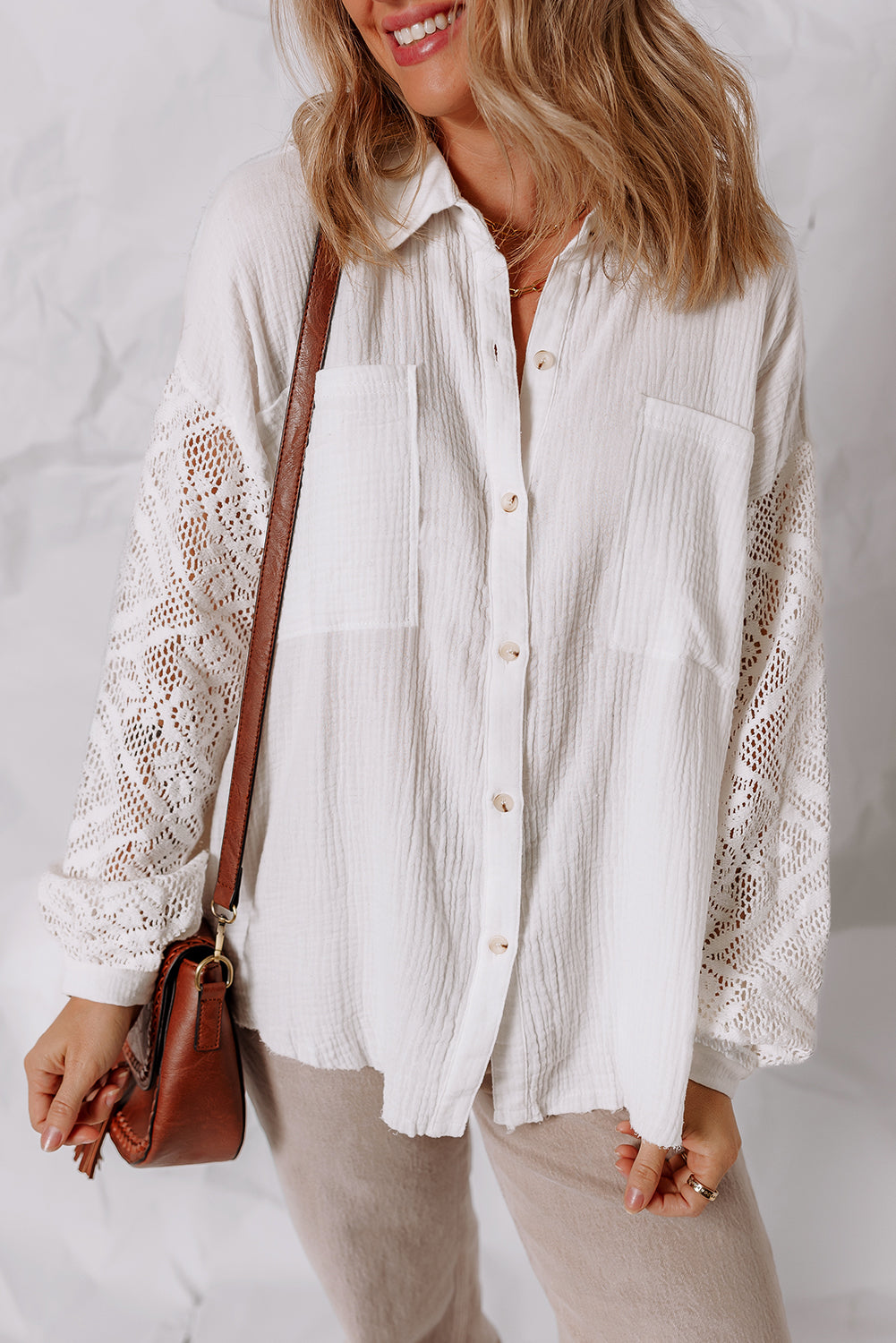 Chemise Gaze de Coton Blanc — Patchwork Dentelle et Manches Longues