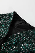 Top blazer à sequins vert sapin — col V ouvert, manches longues