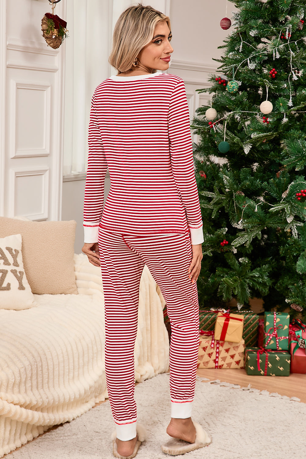 Ensemble loungewear rayures rouges — Top boutonné col en V & pantalon à nœud