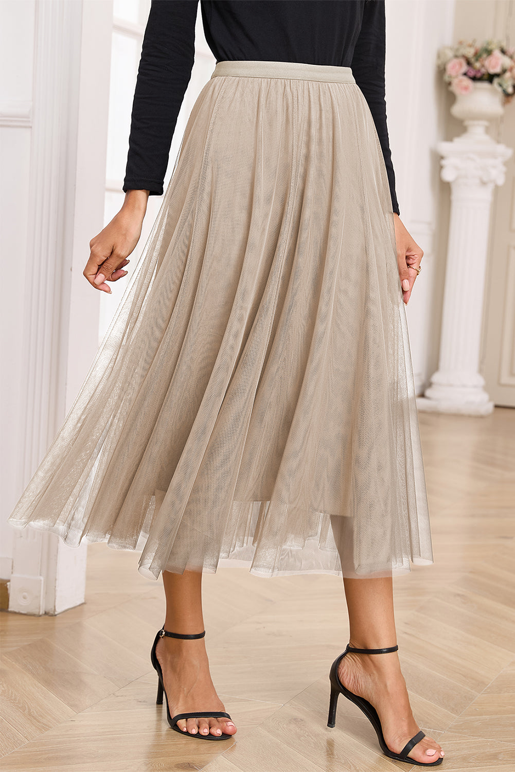 Jupe midi en tulle — Superposition de maille évasée & taille haute