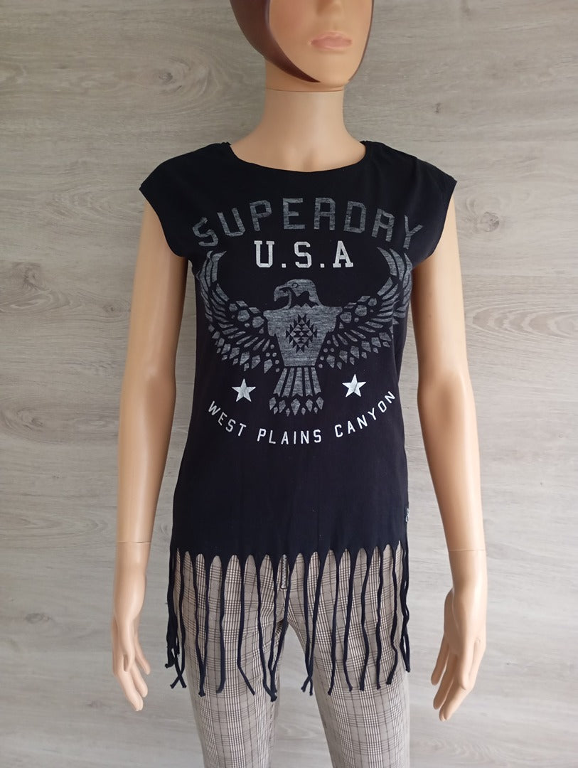 Débardeur noir graphique à franges — Superdry — Taille XS — Très bon état