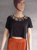 Top - tee shirt - blouse femme avec plumes Jijil taille 40 - noir - très bon état - manches courtes