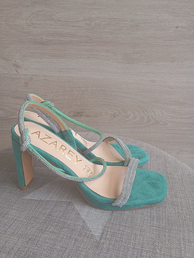 Sandales à talon Azarey - 36 - Turquoise - très bon état - strass et suédine