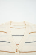 Cardigan Rayé Crème – Col en V, Boutons Dorés & Épaules Tombantes
