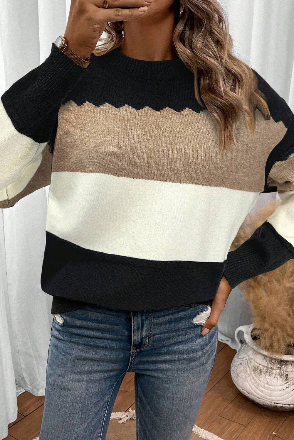 Pull Colorblock Col Rond — Épaules Tombantes