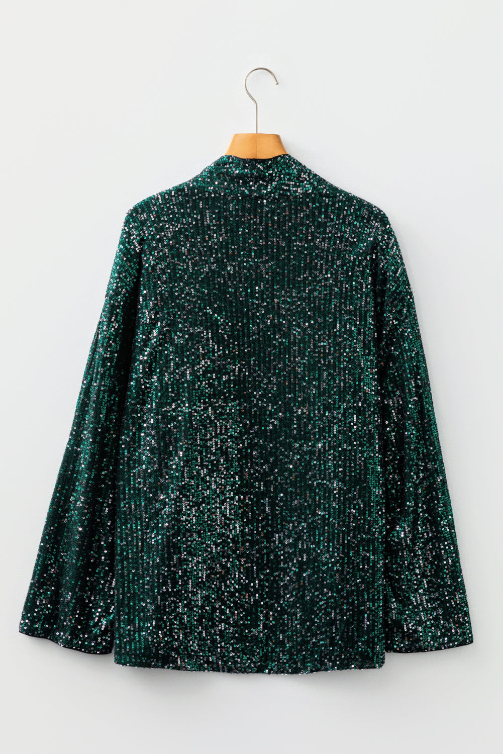 Top blazer à sequins vert sapin — col V ouvert, manches longues