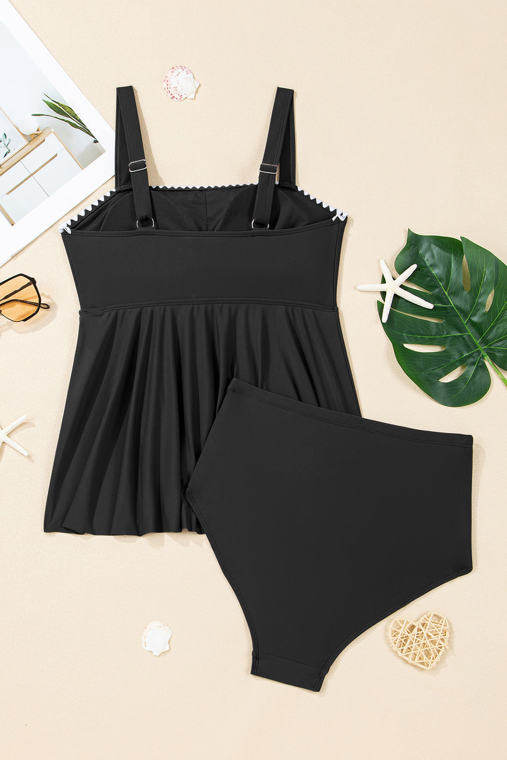 Tankini deux pièces - Bordure ric-rac & Bretelles fines - Bleu marine ou Noir