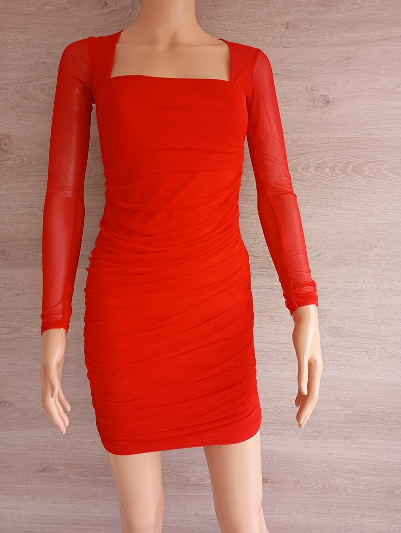Robe courte moulante manches longues transparentes 🌸 Boohoo 🌸 34 - Rouge - Neuf avec étiquette