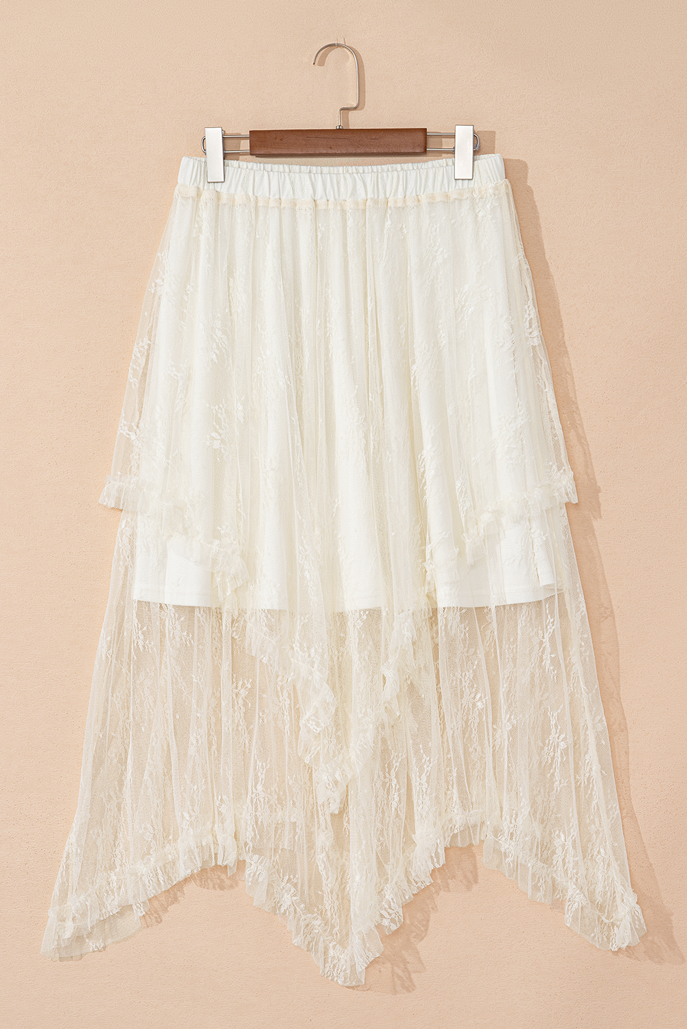 Jupe Longue Beige en Dentelle à Volants — Taille Haute