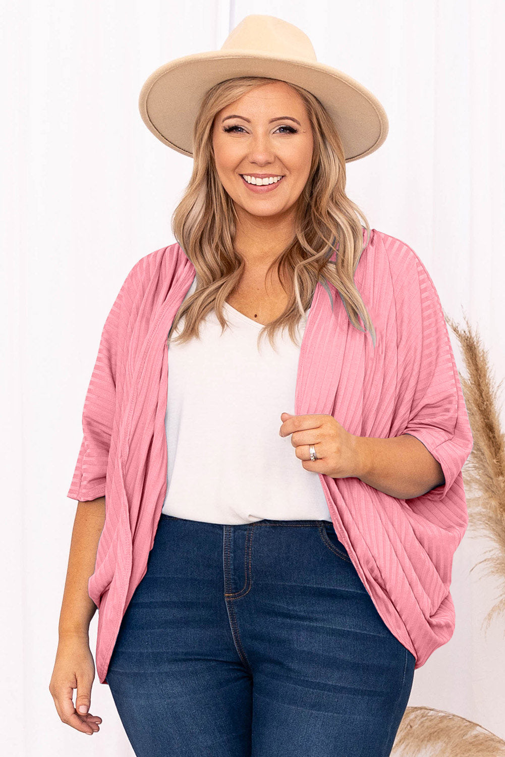 Gilet ouvert côtelé Grande Taille — Rose