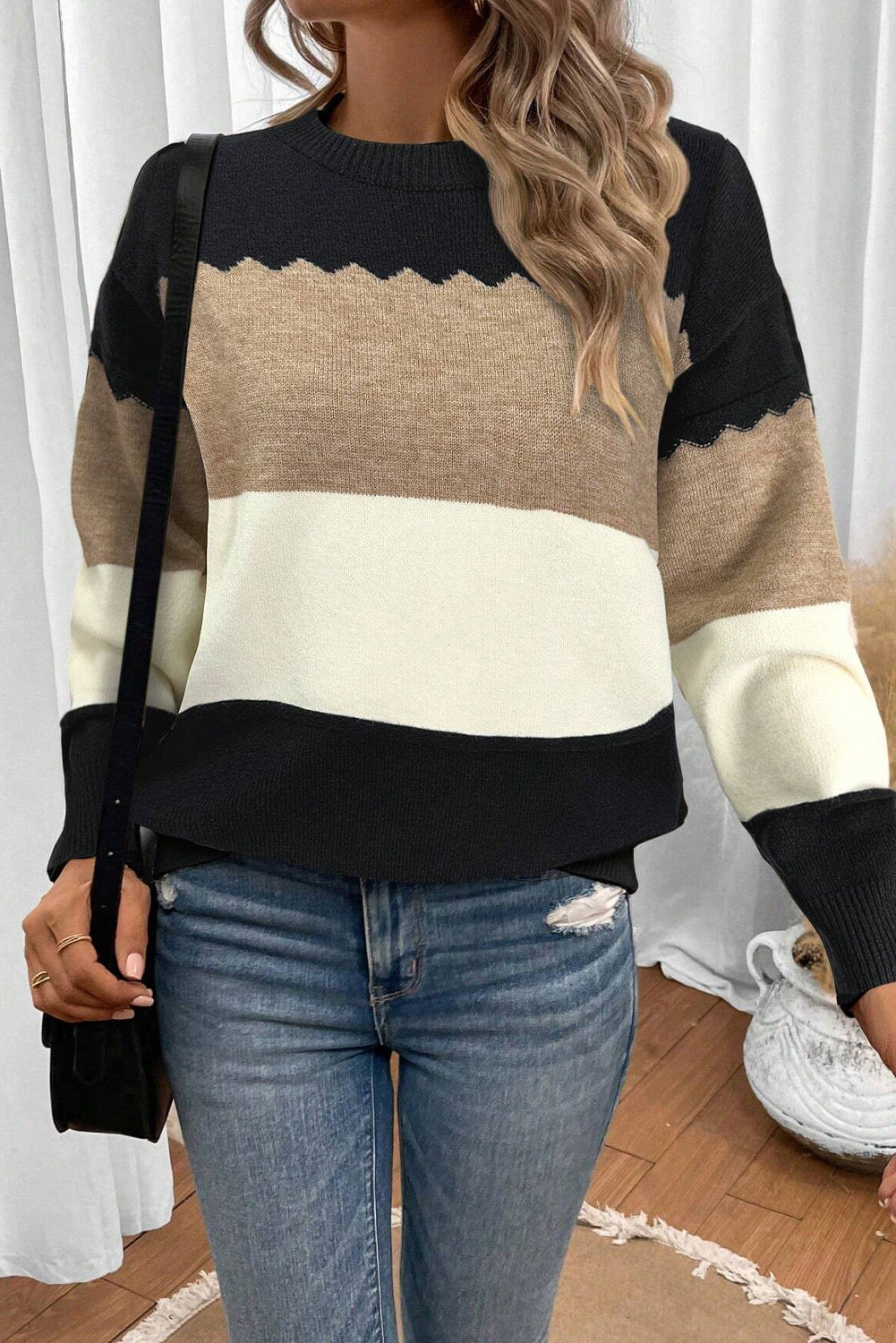 Pull Colorblock Col Rond — Épaules Tombantes