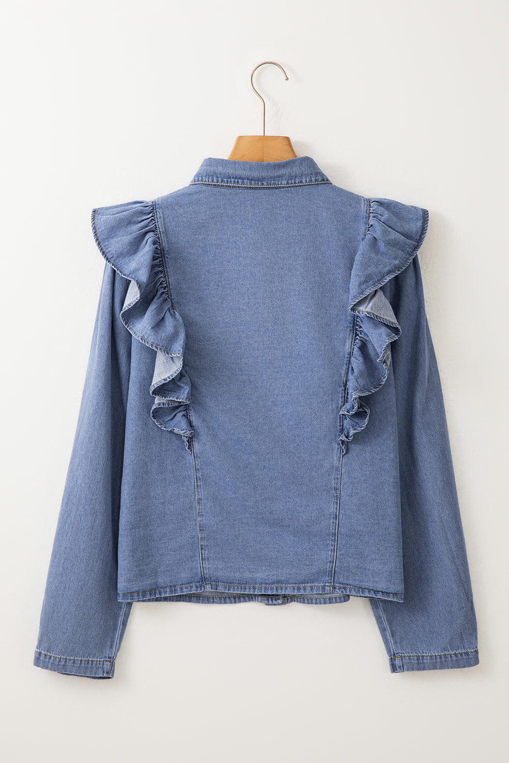 Chemisier Denim Bleu Crépuscule – Manches Longues & Volants