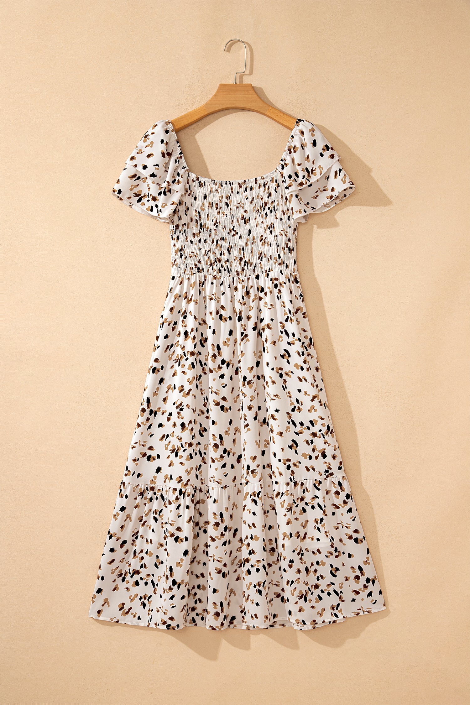 Robe Florale Beige – Col Carré Smocké & Manches Courtes à Volants