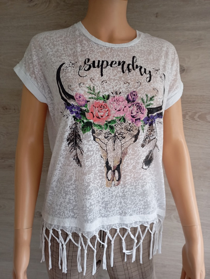 T-shirt blanc à franges & imprimé bohème — Superdry — Taille S — Très bon état