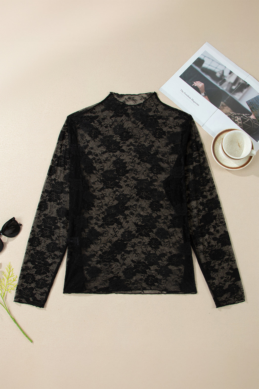 Top en Dentelle Florale Blanc — Manches Longues & Col Montant Grande Taille