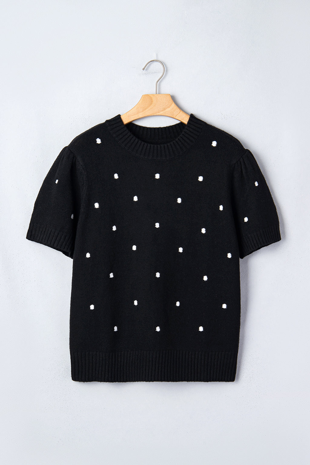 Pull Jaune Crème à Pois – Manches Courtes Bouffantes, Col Rond, Maille Légère
