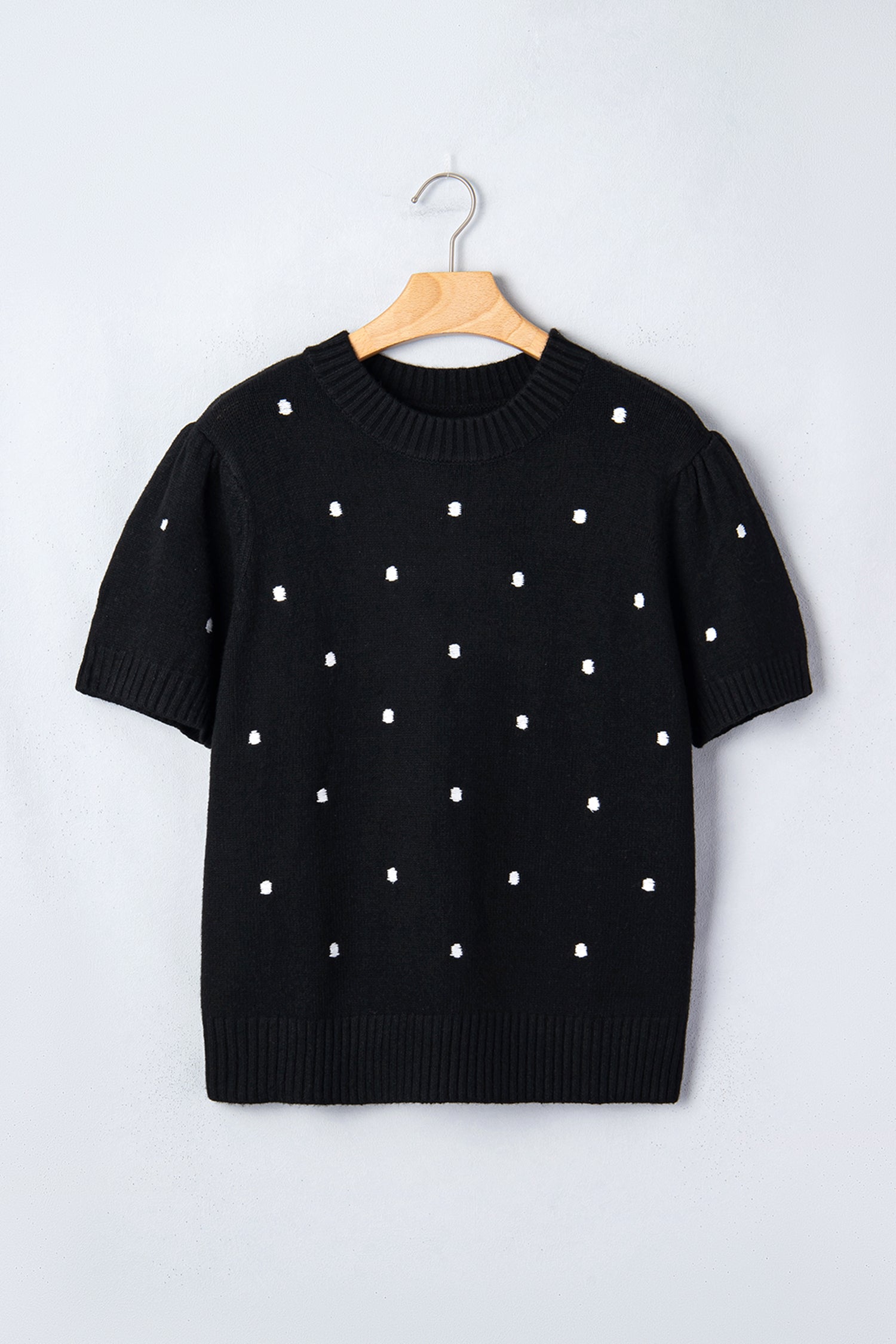 Pull Jaune Crème à Pois – Manches Courtes Bouffantes, Col Rond, Maille Légère