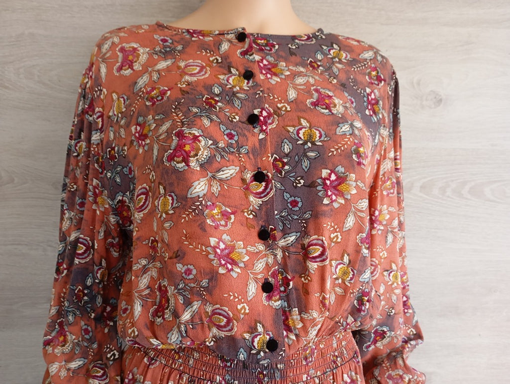 Robe longue manches longues - fleurie - Monoprix - 42 - Orange - Très bon état