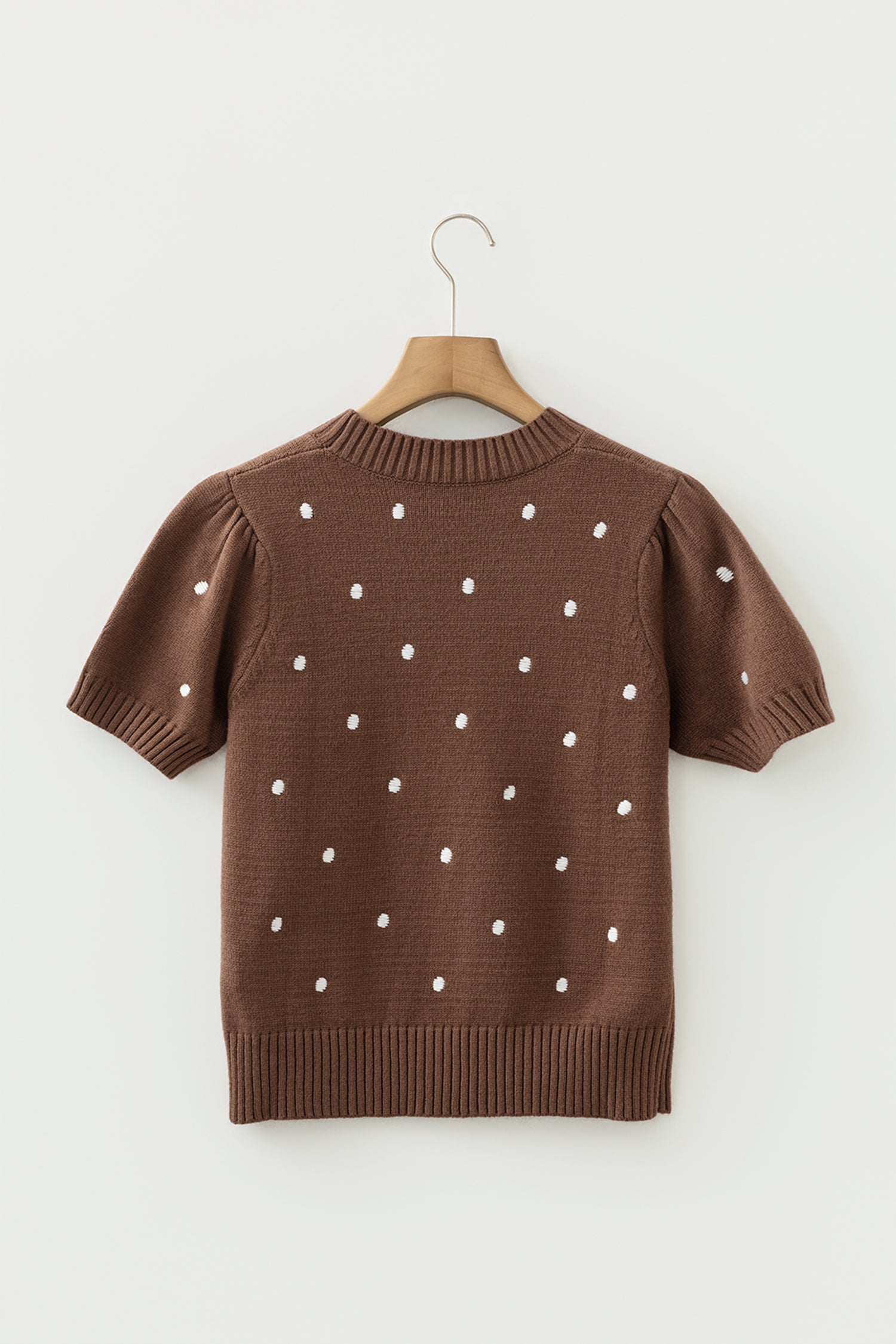 Pull Jaune Crème à Pois – Manches Courtes Bouffantes, Col Rond, Maille Légère