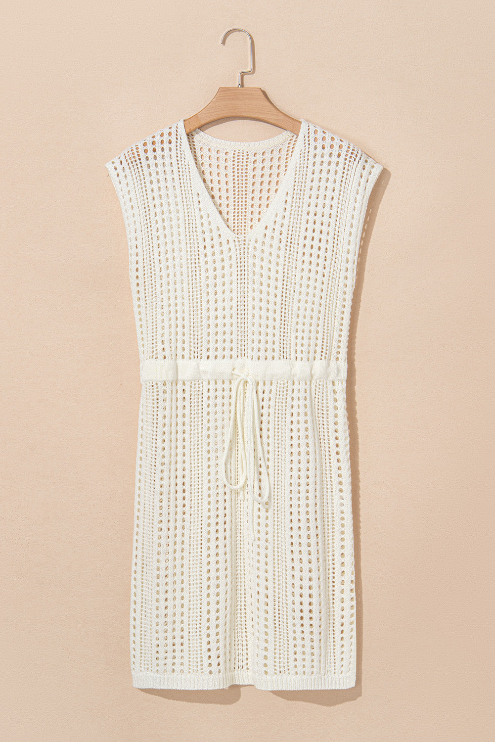 Robe de plage beige - Maille ajourée & Cordon de serrage - Style boho