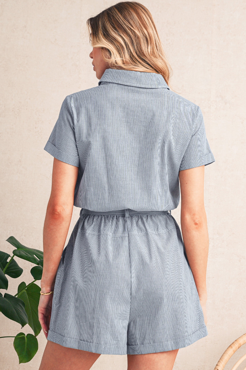 Blue Stripe Chest Pockets Buttoned Belted High Waist Romper