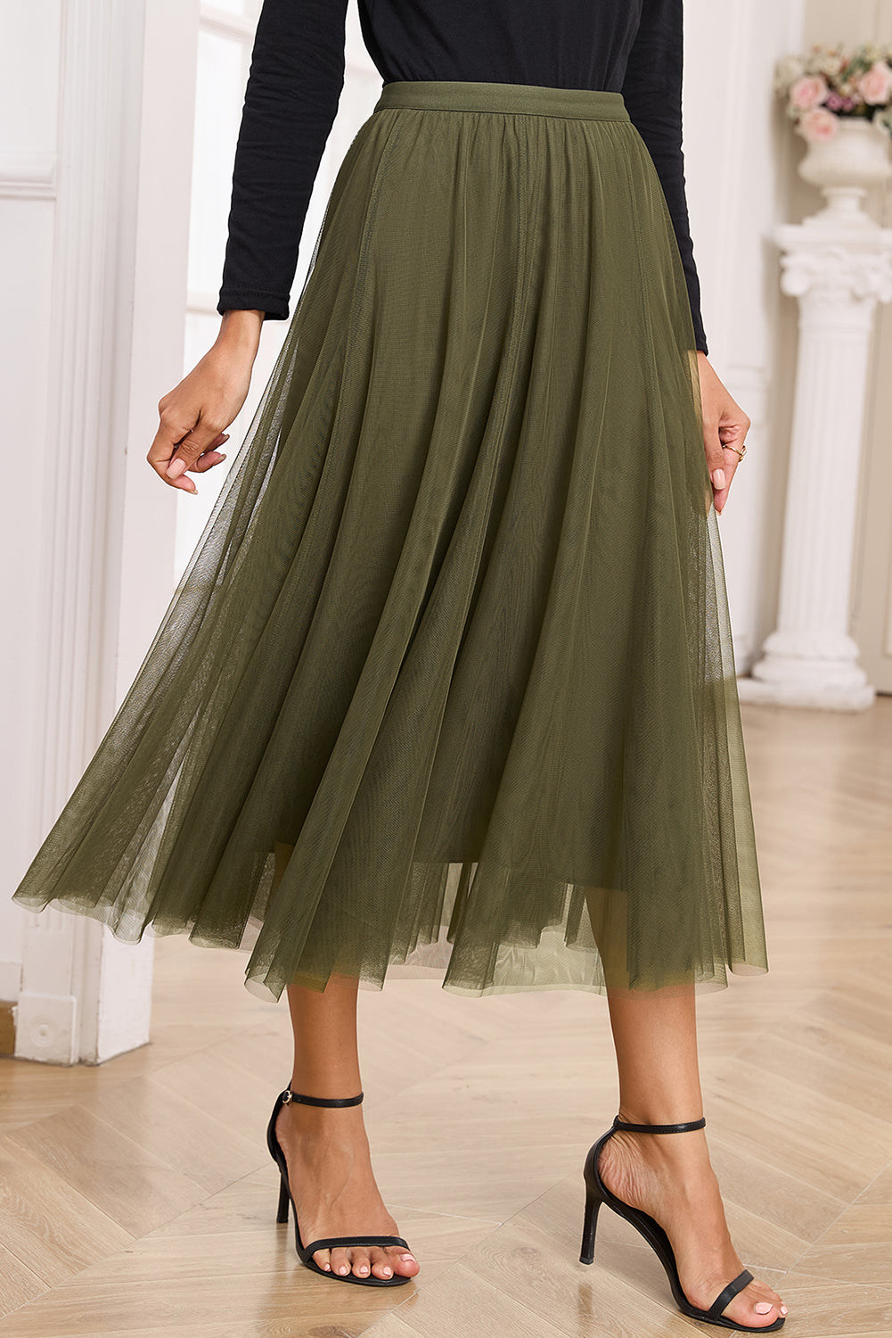 Jupe midi en tulle — Superposition de maille évasée & taille haute