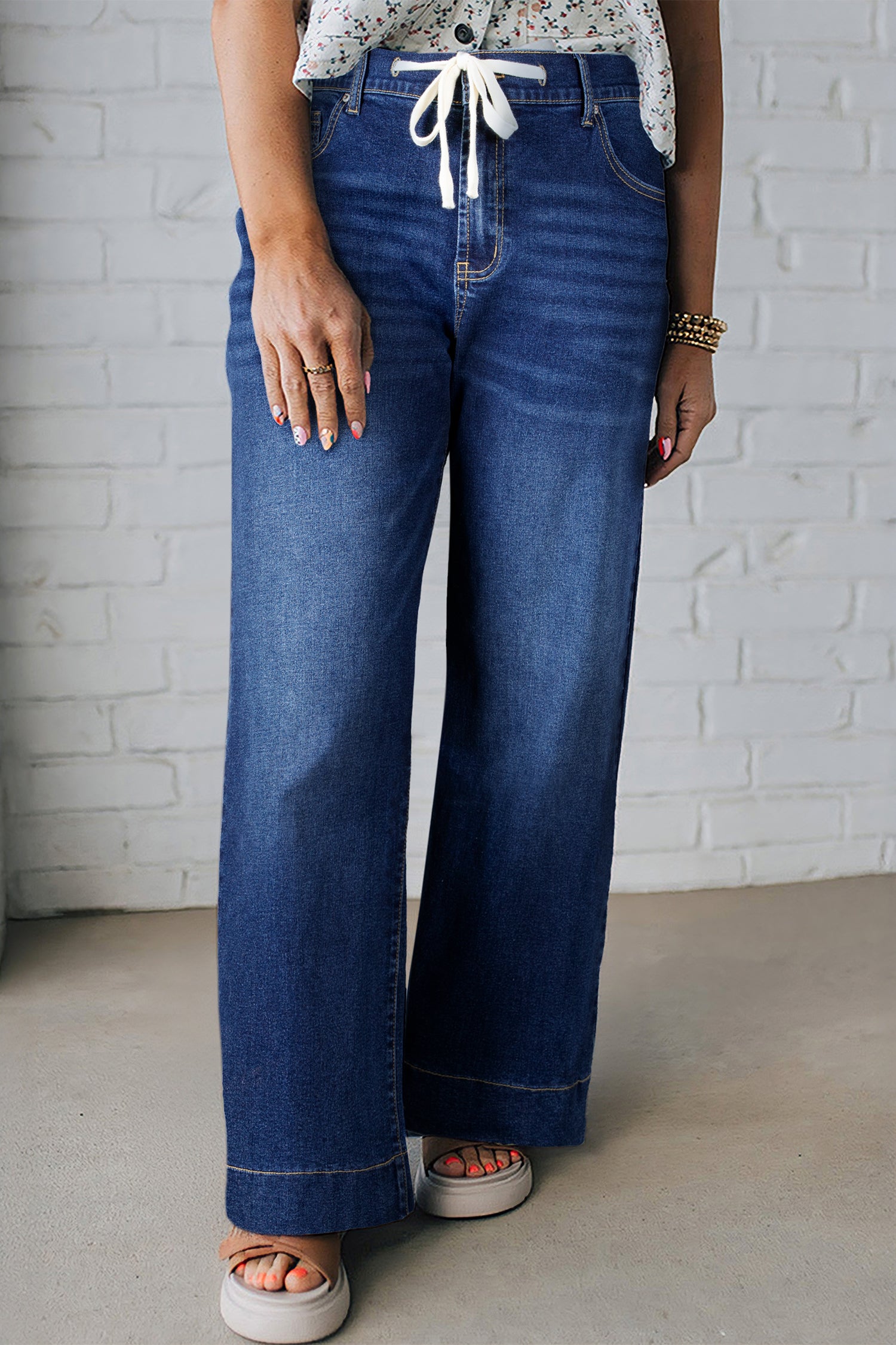 Jean Grande Taille Wide Leg à Lacets Contrastés