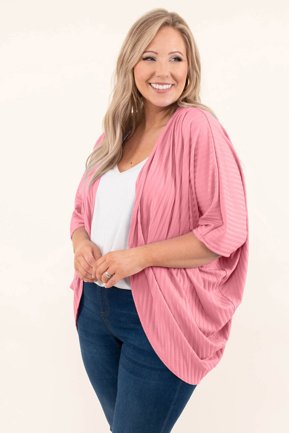 Gilet ouvert côtelé Grande Taille — Rose