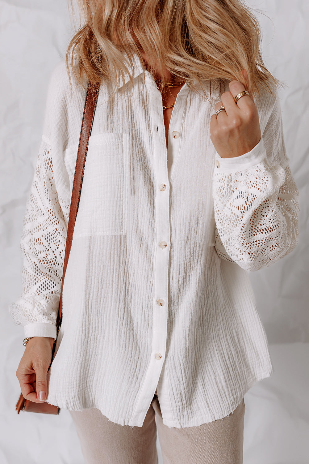 Chemise Gaze de Coton Blanc — Patchwork Dentelle et Manches Longues
