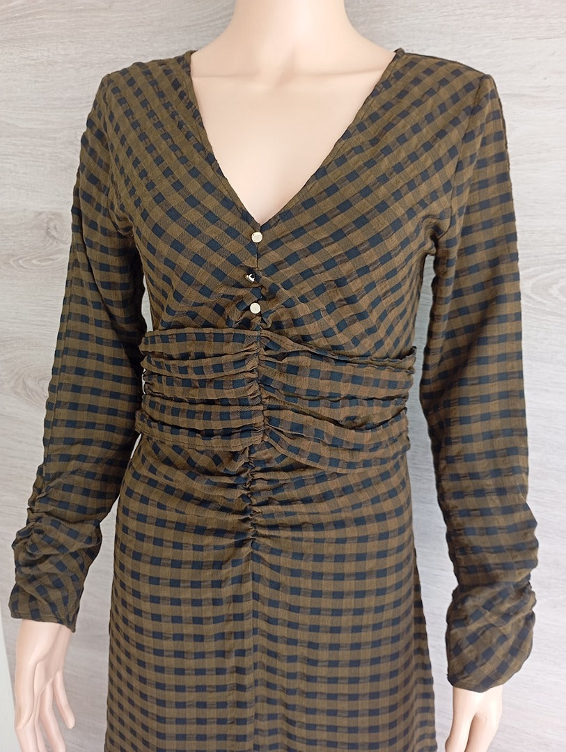Robe longue manches longues Zara - S - kaki - Très bon état - à carreaux