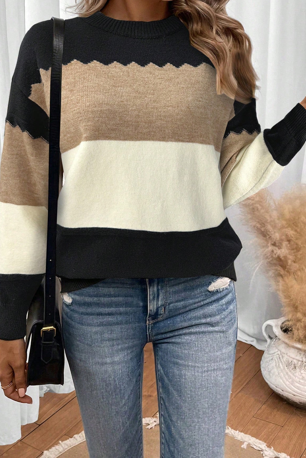 Pull Colorblock Col Rond — Épaules Tombantes